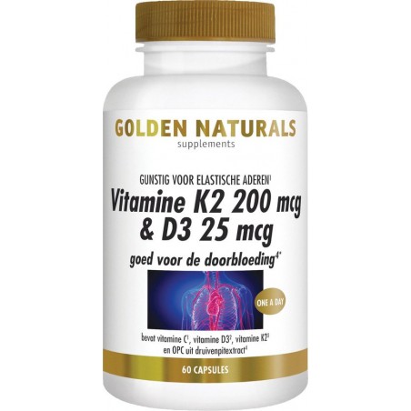 Golden Naturals Vitamine K2 200 mcg & D3 25 mcg (60 vegetarische capsules)