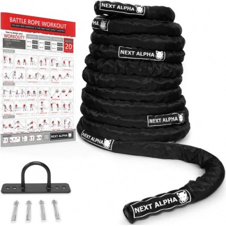 Next Alpha Battle Rope - 50mm x 9m - Beschermhoes - Muur Anker - Workout Instructie Poster - Zwart