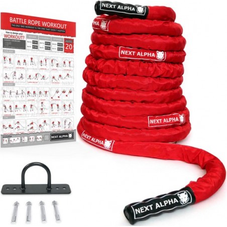 Next Alpha Battle Rope - 38mm x 15m - Beschermhoes - Muur Anker - Workout Instructie Poster