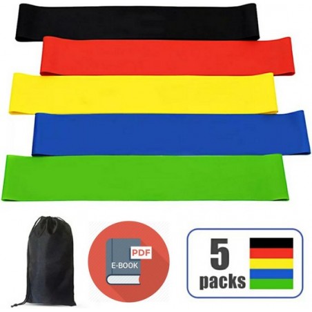 Resistance band - Weerstandsband - Fitness elastiek - 5 niveaus elastiek - 5 kleuren - Incl. draagbare mini tas - gratis E-book