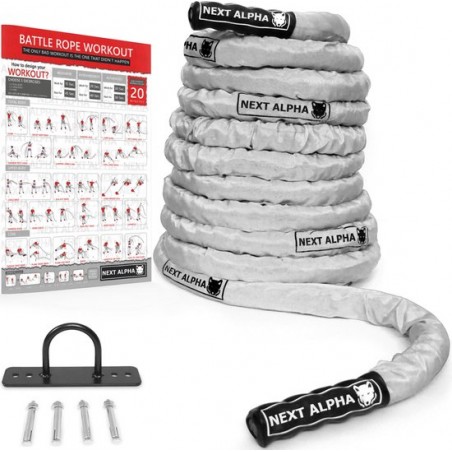 Next Alpha Battle Rope - 38mm x 15m - Beschermhoes - Muur Anker - Workout Instructie Poster - Wit