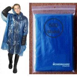 500 stuks Biologisch afbreekbare wegwerp poncho transparant Blauw | Regen | Festival | wandelen | evenement